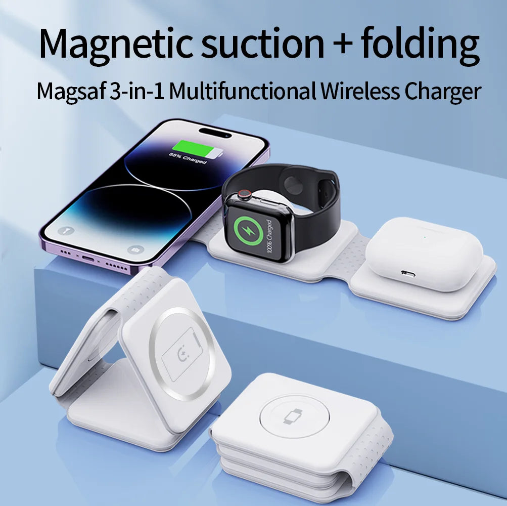 Three-in-One Digital Display Wireless Charging Station for Phone Earphone Watch 25A Output Current Desktop Fireproof Packaged