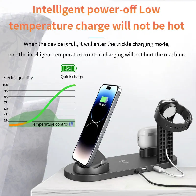 2025 Hot Selling Multifunctional Wireless Charger 6 in 1 Fast Charging Desktop Charger Station for Earbuds Phone Watch