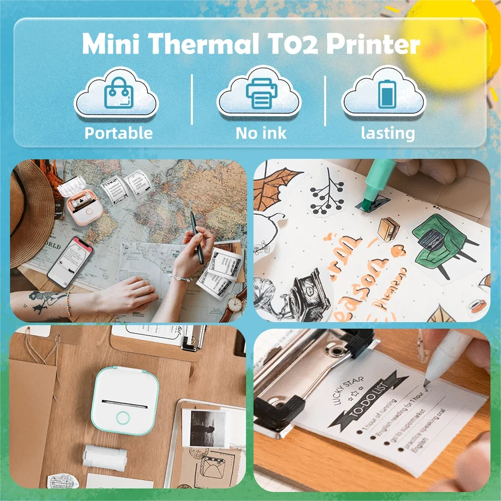 Phomemo T02 Mini Thermal Portable Photo Printer for Children IOS Compatibility Printing Study Notes Pictures Stickers