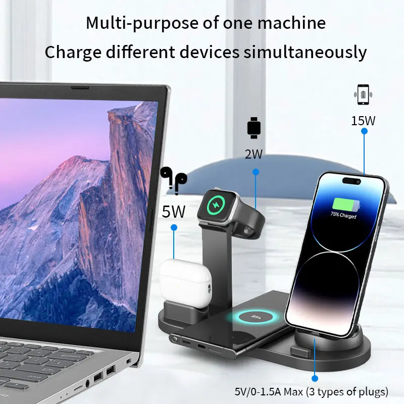 2025 Hot Selling Multifunctional Wireless Charger 6 in 1 Fast Charging Desktop Charger Station for Earbuds Phone Watch