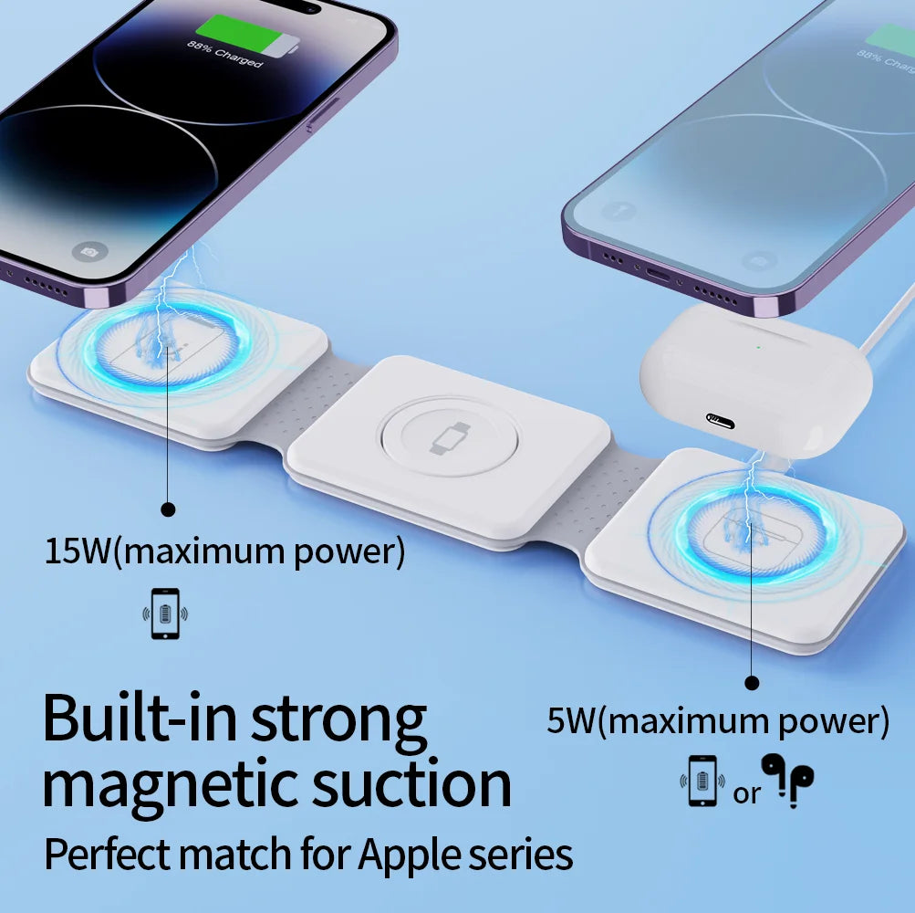 Three-in-One Digital Display Wireless Charging Station for Phone Earphone Watch 25A Output Current Desktop Fireproof Packaged