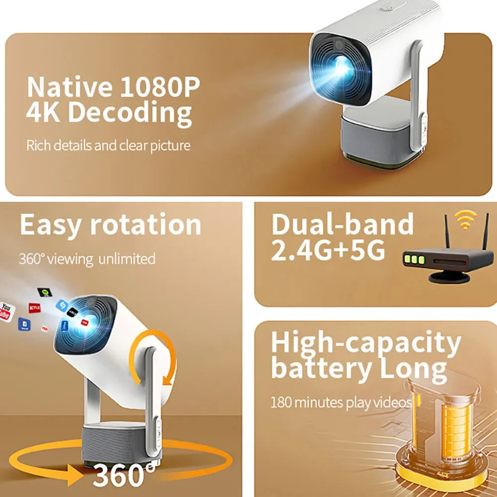 K2 Smart Android WIFI Mini Projector Full HD 1080P 4K Support LED Lamp Portable and Rechargeable for Home Theater Outdoor Use