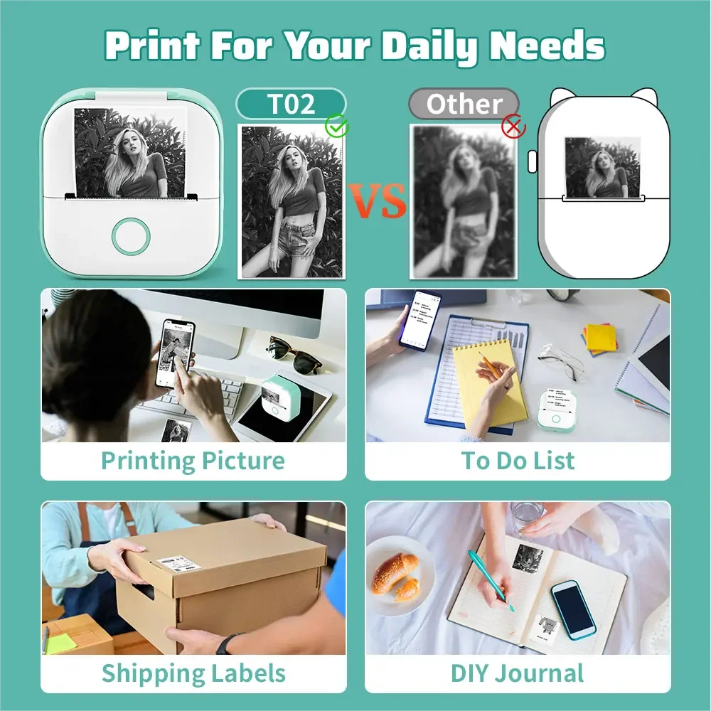 Phomemo T02 Mini Thermal Portable Photo Printer for Children IOS Compatibility Printing Study Notes Pictures Stickers