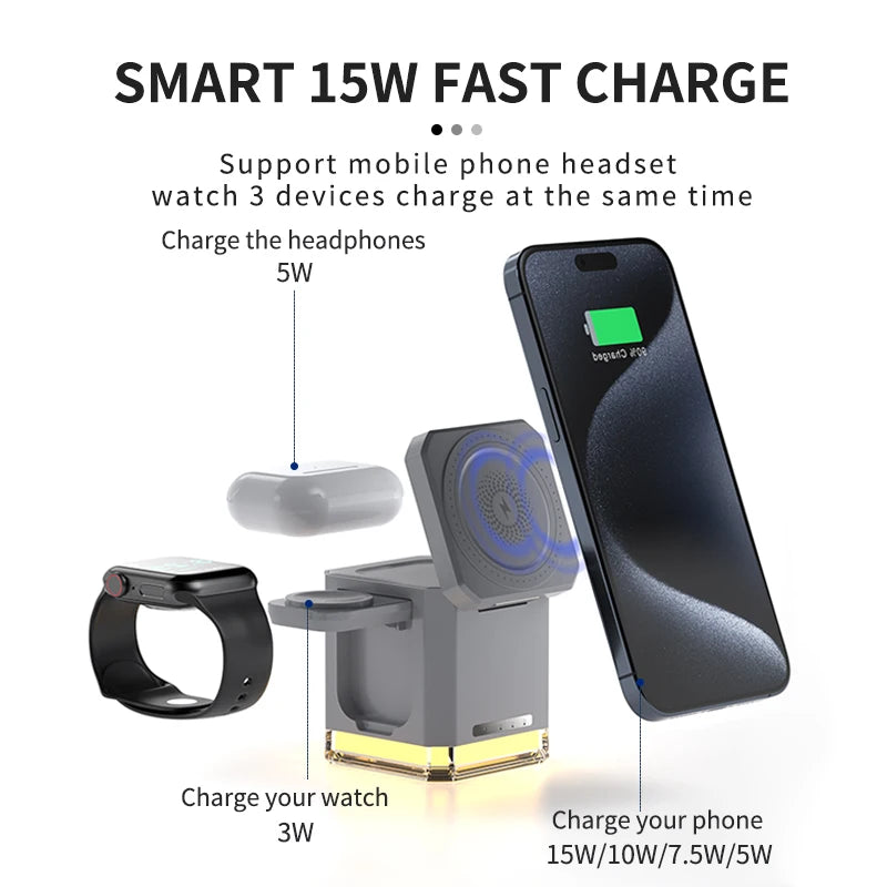 Corporate Gift Set Multifunctional Strong Magnetic 15W With Night Light Wireless Charger 3 in 1 for iphone 16 15 14 Custom Logo