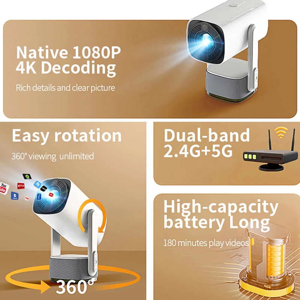 K2 Smart Android WIFI Mini Projector Full HD 1080P 4K Support LED Lamp Portable and Rechargeable for Home Theater Outdoor Use