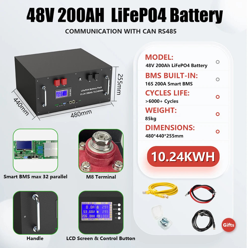 48V 300Ah 15KW LiFePO4 Battery 51.2V 100Ah 150Ah 200Ah 5KW Parallel Bluetooth CAN RS485 BMS >6000 Cycles For Solar- From EU
