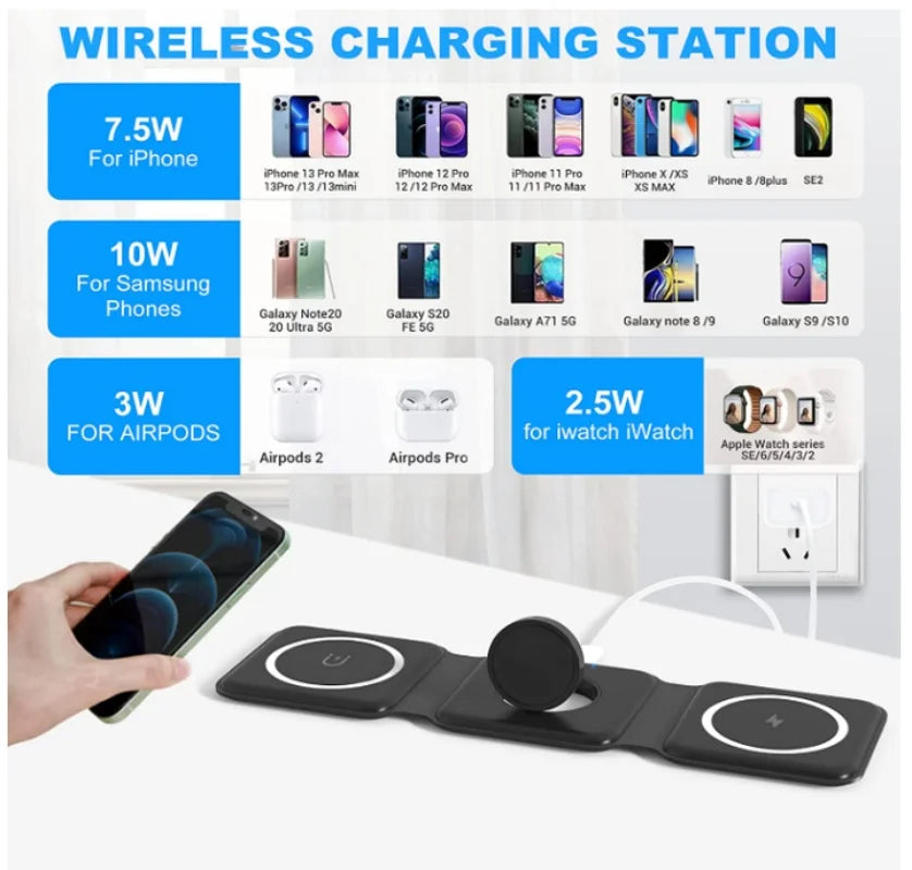 3 in 1 Wireless Charger Magnetic Foldable Charging Station Travel Charger for Charger Power Adapter Caricatore Senza Fili