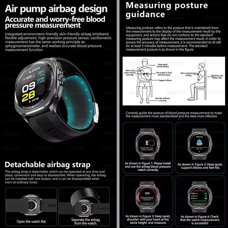 2025 New Guhuavm Air Pump Airbag Accurate Measure Smart Watch Men Micro Physical Examination Blood Pressure Sport SmartWatches