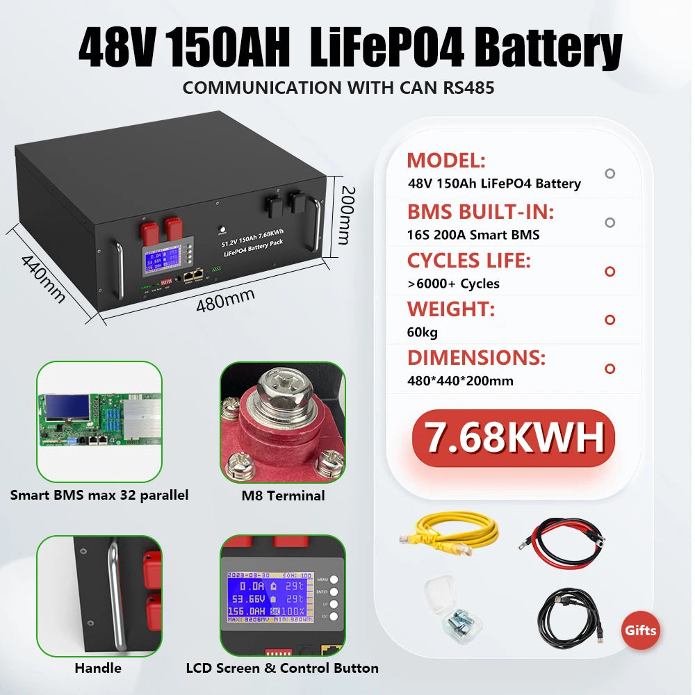 48V 300Ah 15KW LiFePO4 Battery 51.2V 100Ah 150Ah 200Ah 5KW Parallel Bluetooth CAN RS485 BMS >6000 Cycles For Solar- From EU