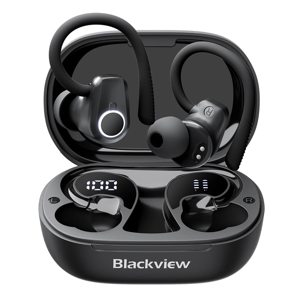 Blackview Bluetooth 5.3 Wireless Earbuds with Mic IPX7 Waterproof 200H Earphones with Hooks for Sports Running Workout Gym