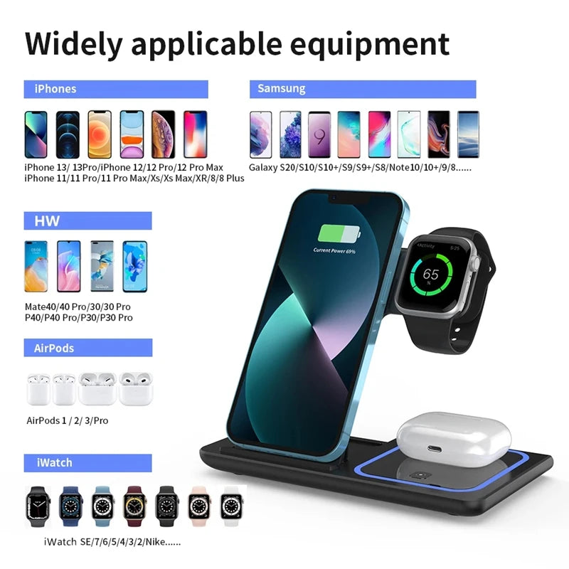 Xiaomi MIJIA 3 in 1 Wireless Charger Stand Pad Foldable Fast Charging Station Dock For iPhone 16 15 14 13 12 11 X iwatch Airpods