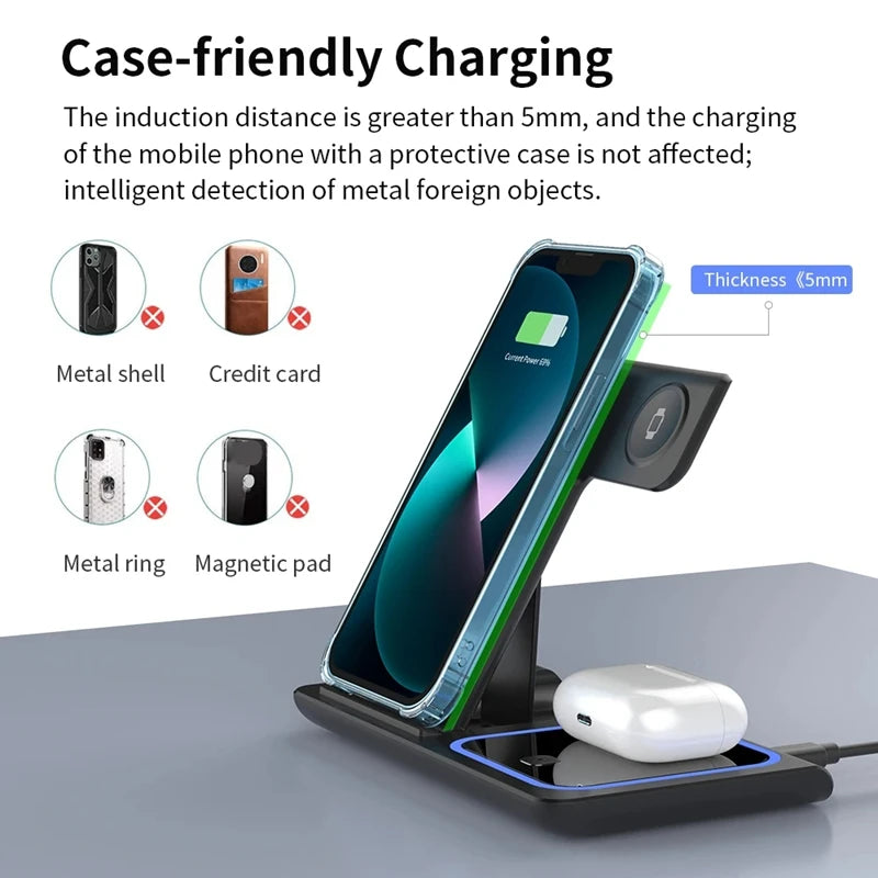 Xiaomi MIJIA 3 in 1 Wireless Charger Stand Pad Foldable Fast Charging Station Dock For iPhone 16 15 14 13 12 11 X iwatch Airpods