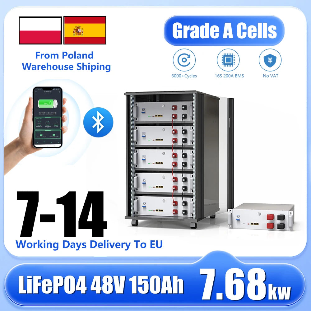 LiFePO4 48V 150Ah 7.6KW Lithium Battery Bluetooth 51.2V 100Ah 200Ah 6000+Cycles In Parallel CAN/RS485 EU No Tax- Fast delivery