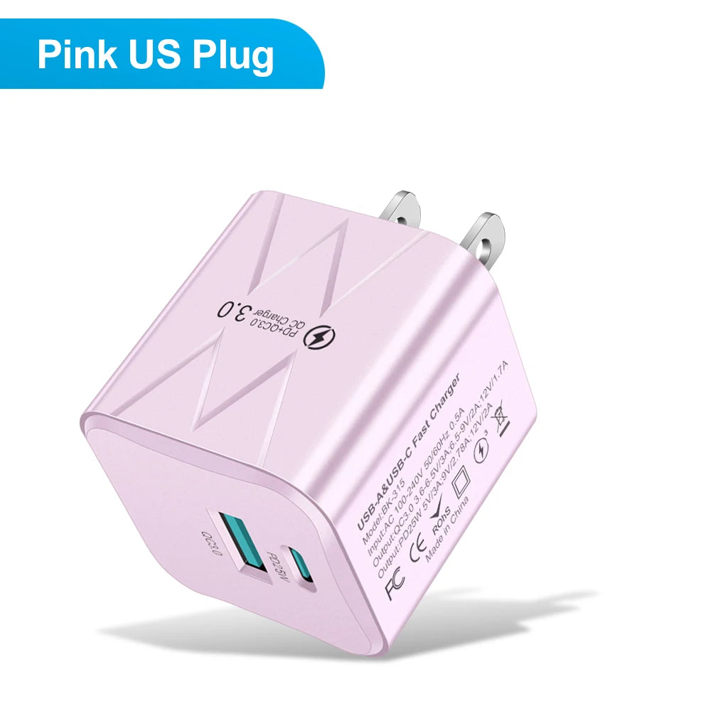 PD 25W USB C Fast Charger for iPhone 15 Pro Max Xiaomi 14 Oneplus KR EU US Mini 2 Ports Travel Plug Phone Fast Charging Adapter