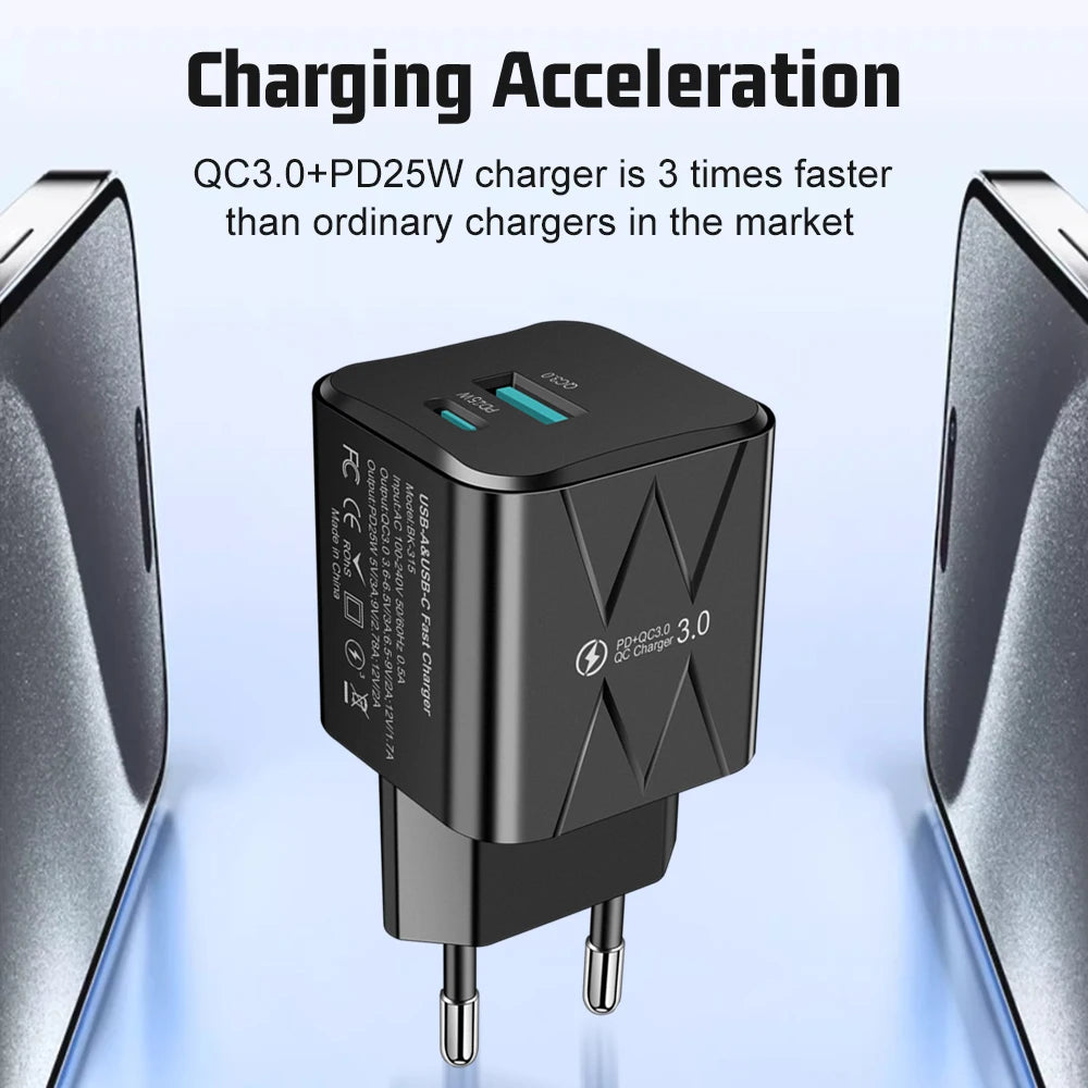 PD 25W USB C Fast Charger for iPhone 15 Pro Max Xiaomi 14 Oneplus KR EU US Mini 2 Ports Travel Plug Phone Fast Charging Adapter