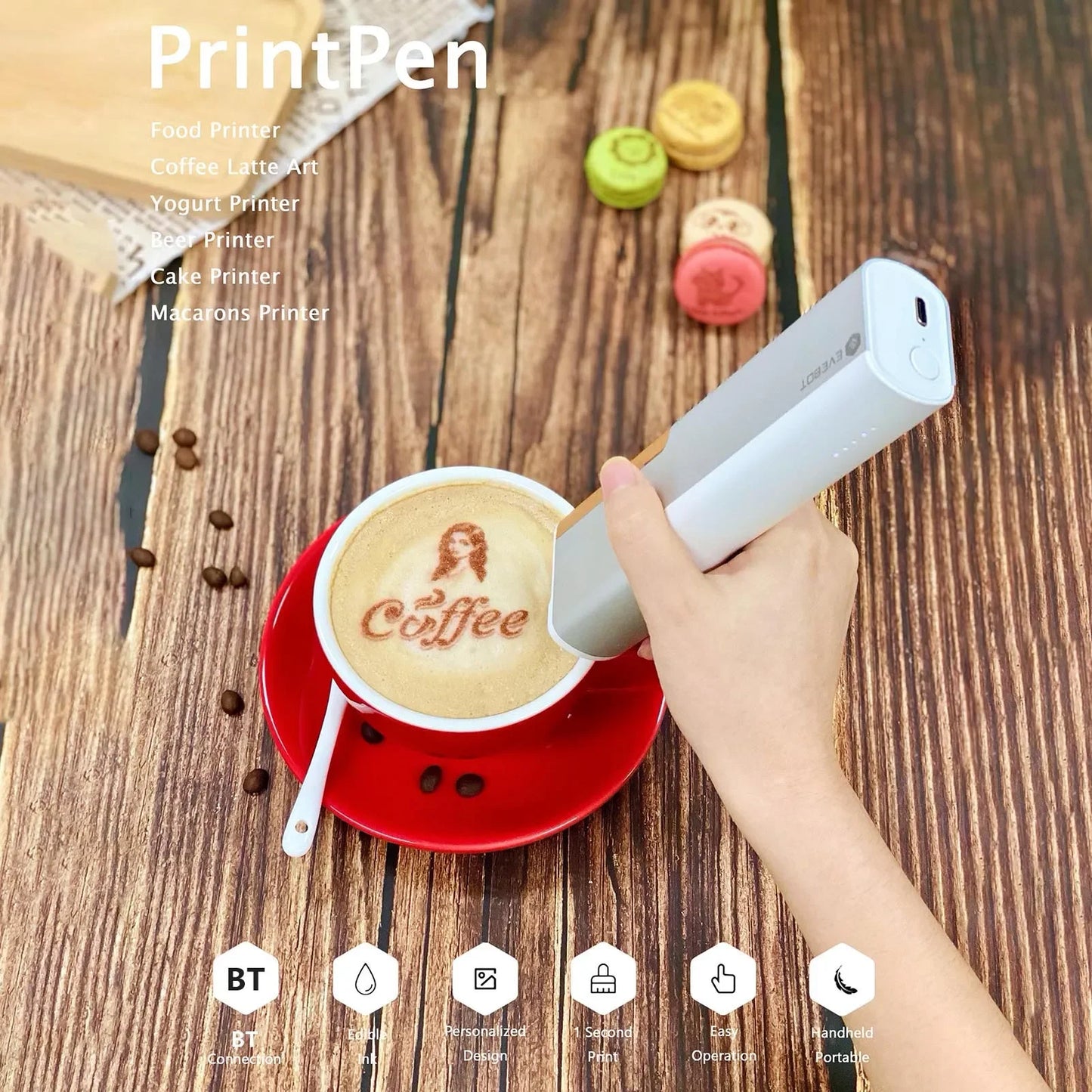 EVEBOT Printpen Food-Specific Handheld Printing on Bread Coffee Milk Tea Biscuit Pattern Logo Smart Portable Mini Small Printer