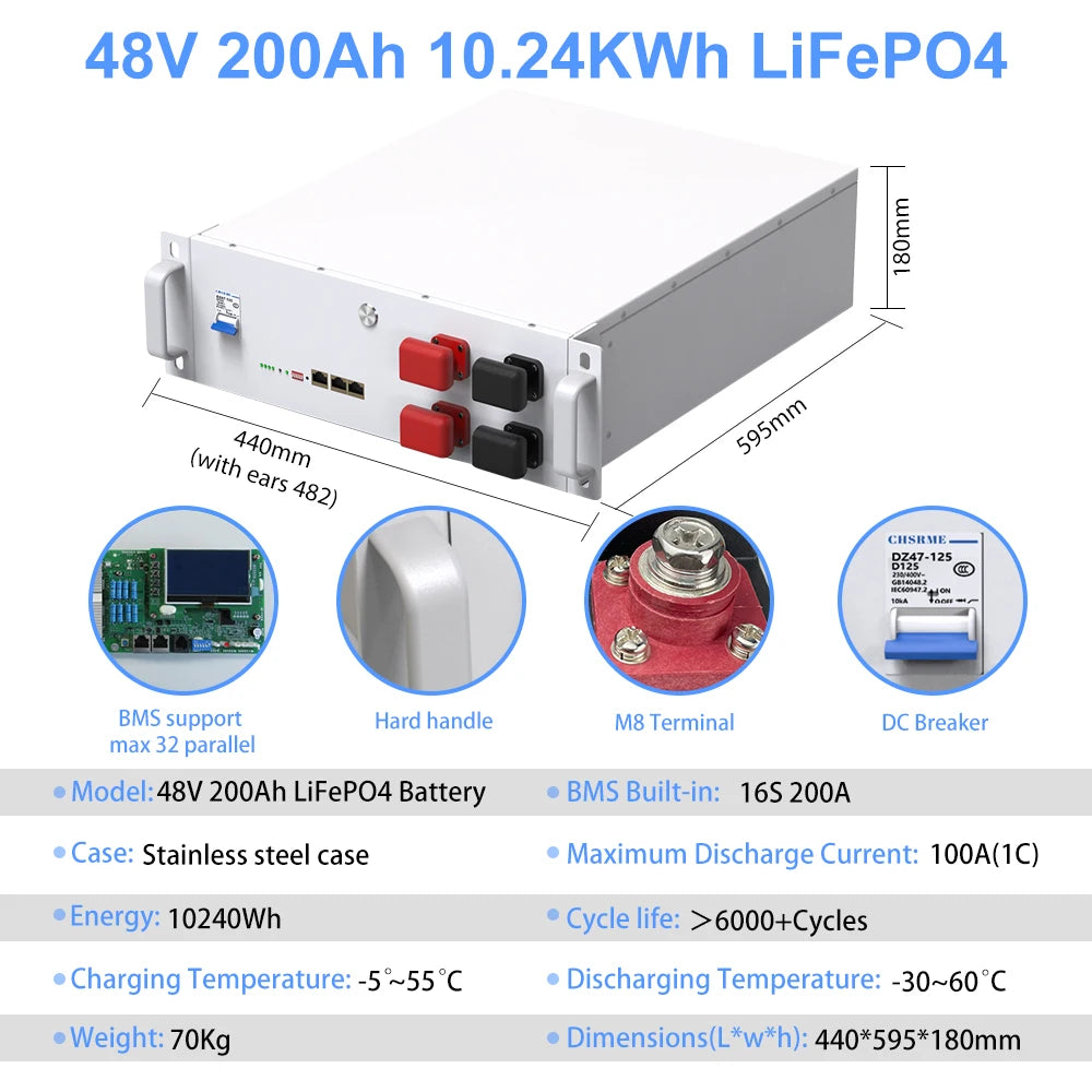 LiFePO4 48V 150Ah 7.6KW Lithium Battery Bluetooth 51.2V 100Ah 200Ah 6000+Cycles In Parallel CAN/RS485 EU No Tax- Fast delivery