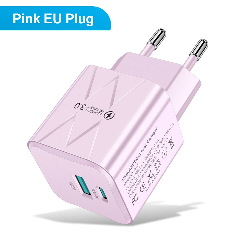 PD 25W USB C Fast Charger for iPhone 15 Pro Max Xiaomi 14 Oneplus KR EU US Mini 2 Ports Travel Plug Phone Fast Charging Adapter