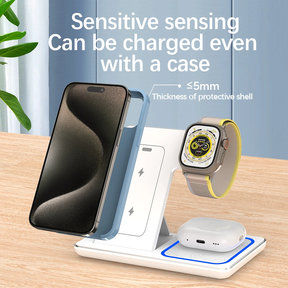 30W LED Fast Wireless Charger Stand 3 in 1 Foldable Charging Station For iPhone 15 14 13 12 11 Apple Watch 9 8 7 6 5 AirPods Pro