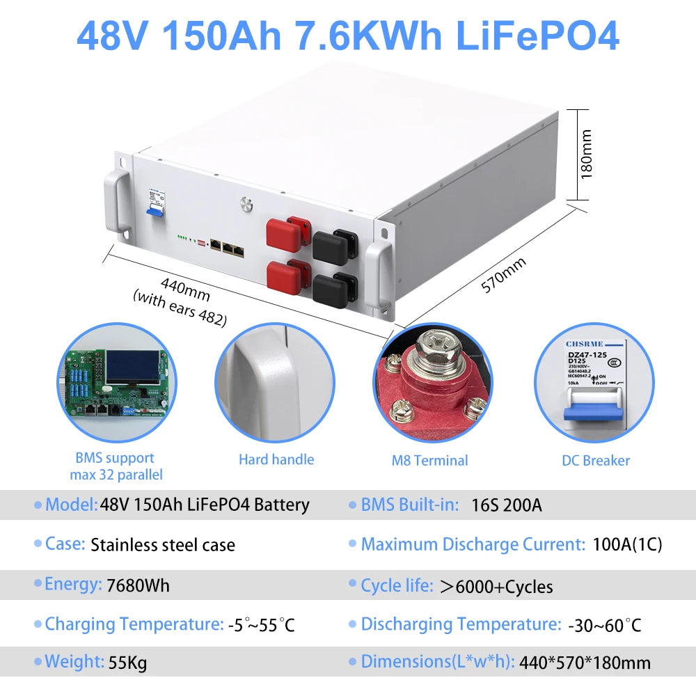 LiFePO4 48V 150Ah 7.6KW Lithium Battery Bluetooth 51.2V 100Ah 200Ah 6000+Cycles In Parallel CAN/RS485 EU No Tax- Fast delivery