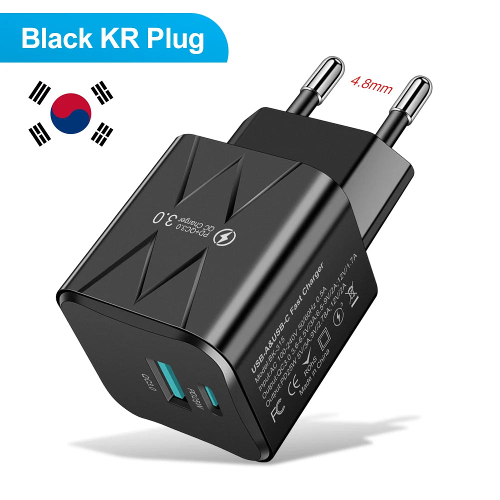 PD 25W USB C Fast Charger for iPhone 15 Pro Max Xiaomi 14 Oneplus KR EU US Mini 2 Ports Travel Plug Phone Fast Charging Adapter