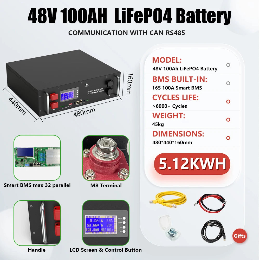 48V 300Ah 15KW LiFePO4 Battery 51.2V 100Ah 150Ah 200Ah 5KW Parallel Bluetooth CAN RS485 BMS >6000 Cycles For Solar- From EU