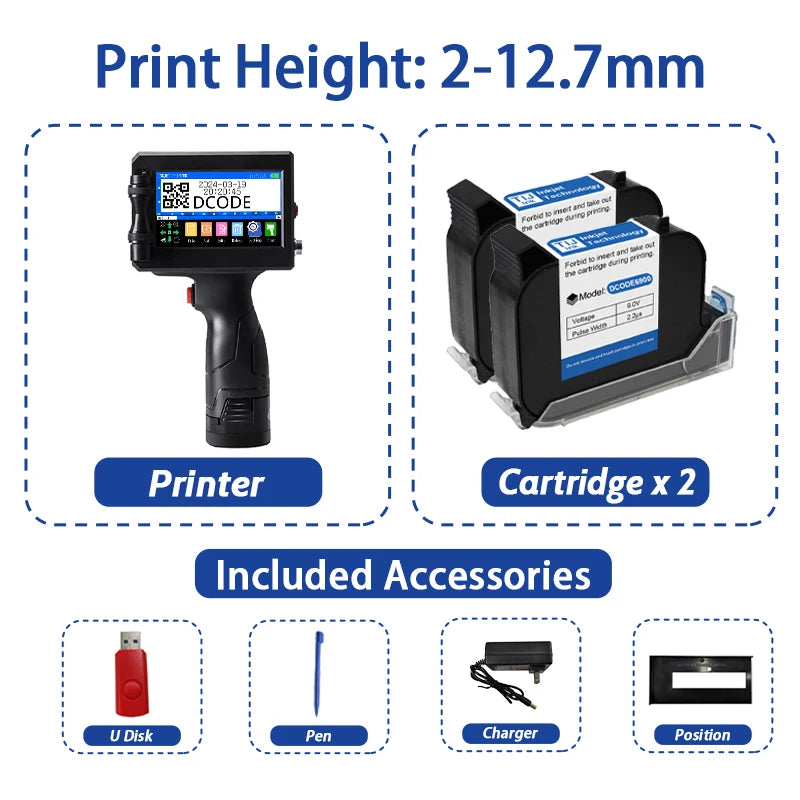 DCODE 1750PLUS 12.7/25.4mm Portable Handheld Inkjet Printer Text QR Barcode Label Printer Batch Number Logo Date Coding Machine