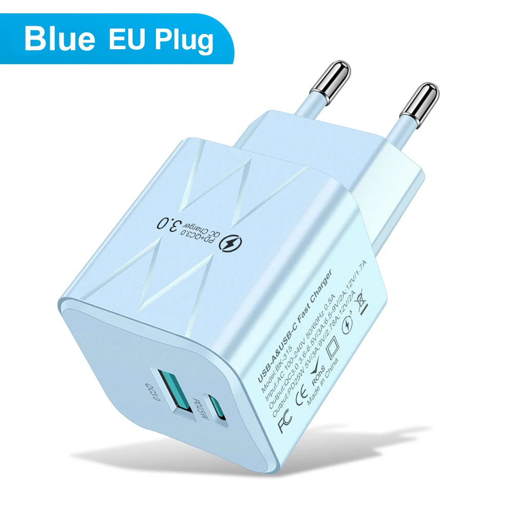 PD 25W USB C Fast Charger for iPhone 15 Pro Max Xiaomi 14 Oneplus KR EU US Mini 2 Ports Travel Plug Phone Fast Charging Adapter