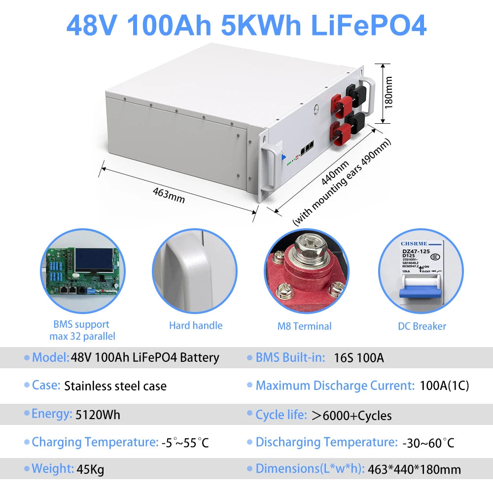 LiFePO4 48V 150Ah 7.6KW Lithium Battery Bluetooth 51.2V 100Ah 200Ah 6000+Cycles In Parallel CAN/RS485 EU No Tax- Fast delivery