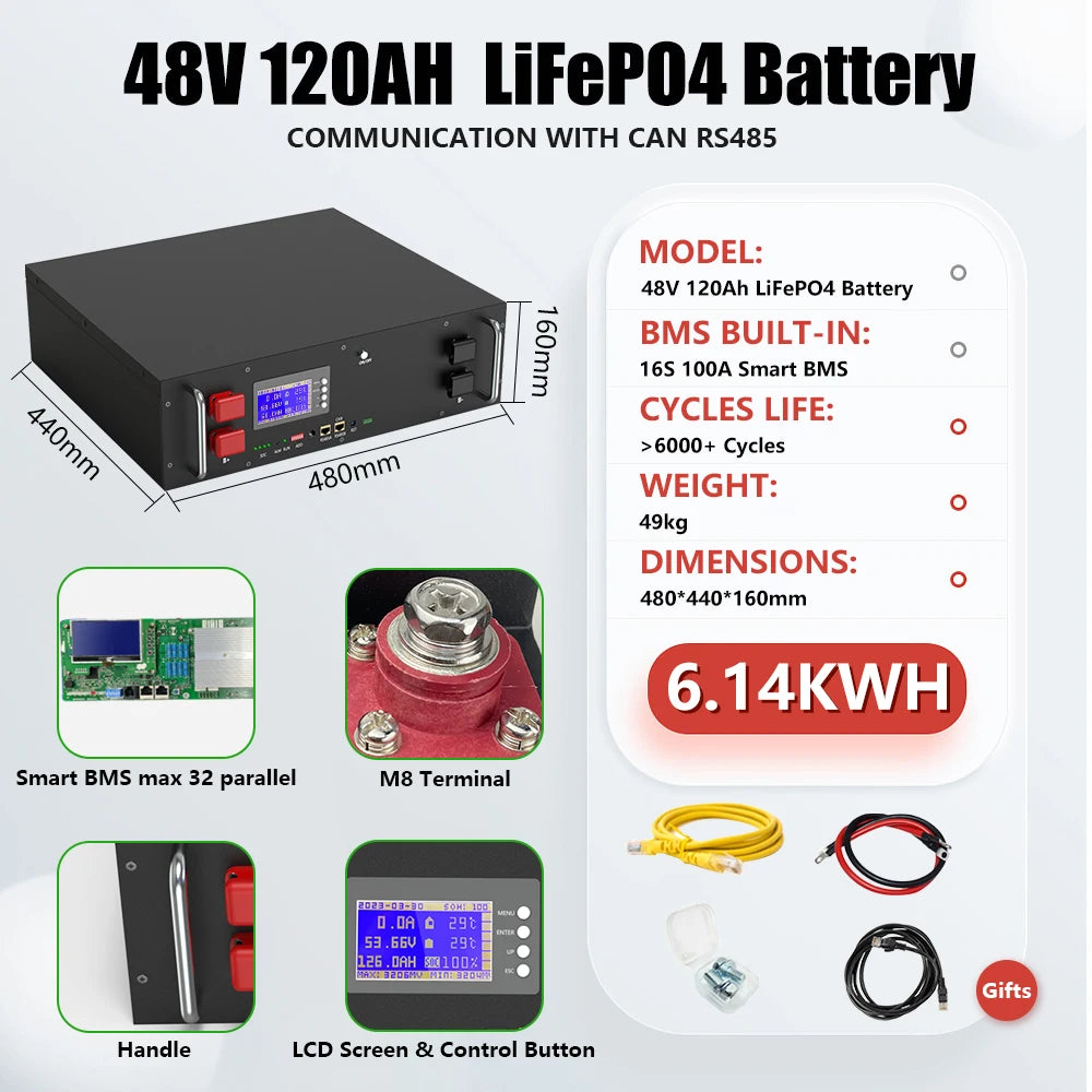 48V 300Ah 15KW LiFePO4 Battery 51.2V 100Ah 150Ah 200Ah 5KW Parallel Bluetooth CAN RS485 BMS >6000 Cycles For Solar- From EU