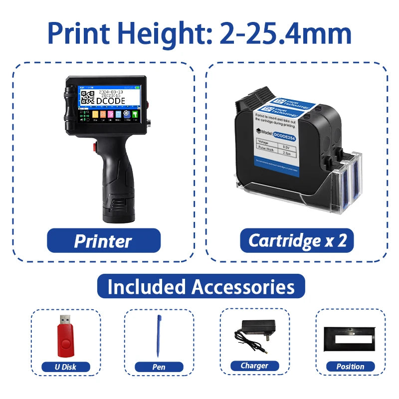 DCODE 1750PLUS 12.7/25.4mm Portable Handheld Inkjet Printer Text QR Barcode Label Printer Batch Number Logo Date Coding Machine