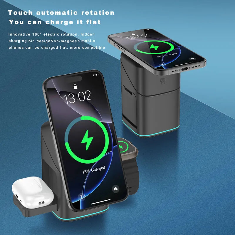 3 in 1 Charging Station iPhone Mag-Safe Charger, Rotating Wireless Charger Stand for iPhone 12~16 Series,iWatch, AirPods