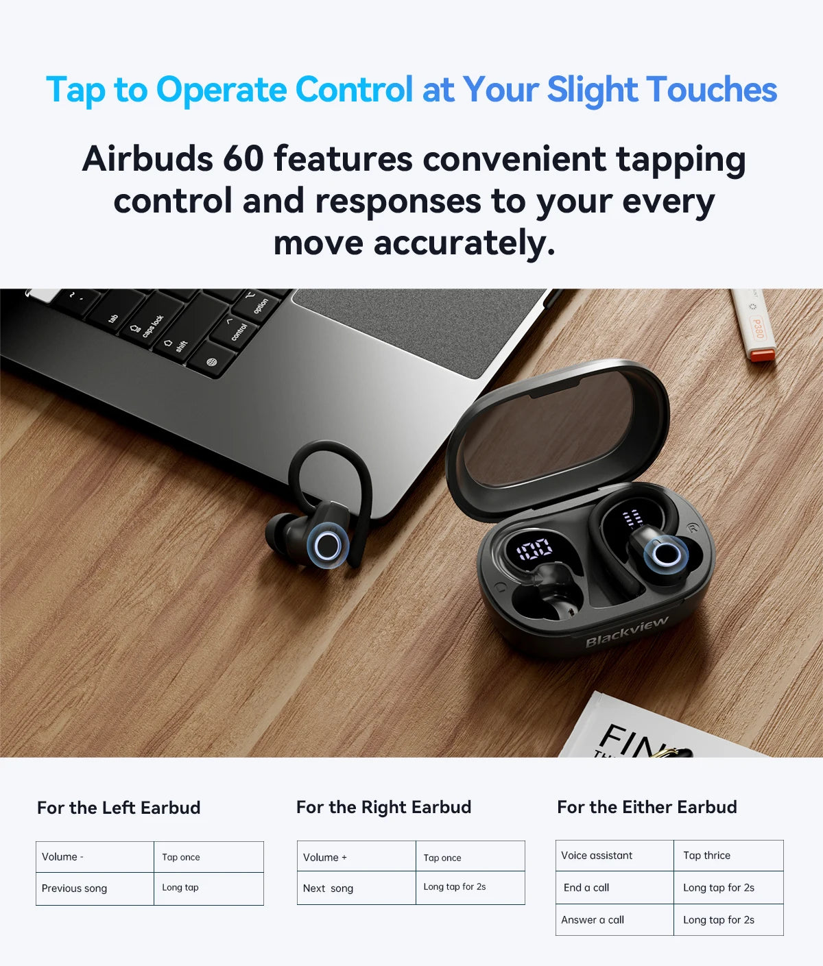 Blackview Bluetooth 5.3 Wireless Earbuds with Mic IPX7 Waterproof 200H Earphones with Hooks for Sports Running Workout Gym