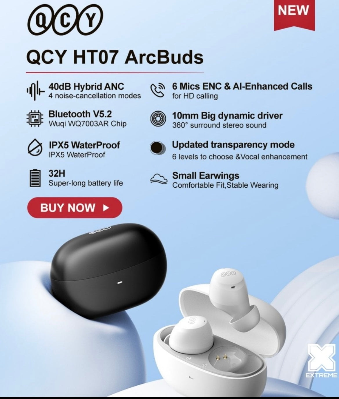 QCY HT07 ANC Wireless Earphones 40dB Active Noise Cancelling Headphones 6 Mic AI HD Call Bluetooth 5.2 TWS Earbuds 32H Playback