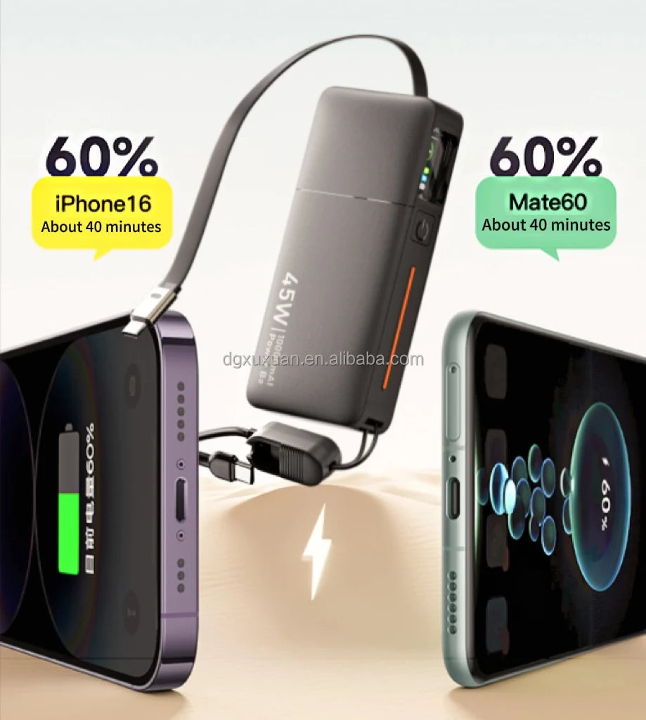 Top Selling 45W Portable Fast Chargeing Power Bank TFT Display/comes with a Retractable Cable  10000mah for iphone