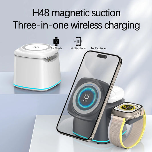 2025 Magnetic Mini Cube Wireless Charging Dock New Trending Products 3 in 1 15W Fast Wireless Charger for iPhone Watch Earbuds
