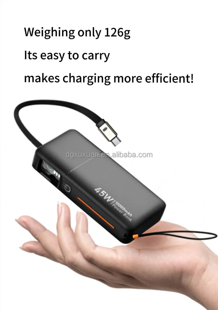 Top Selling 45W Portable Fast Chargeing Power Bank TFT Display/comes with a Retractable Cable  10000mah for iphone