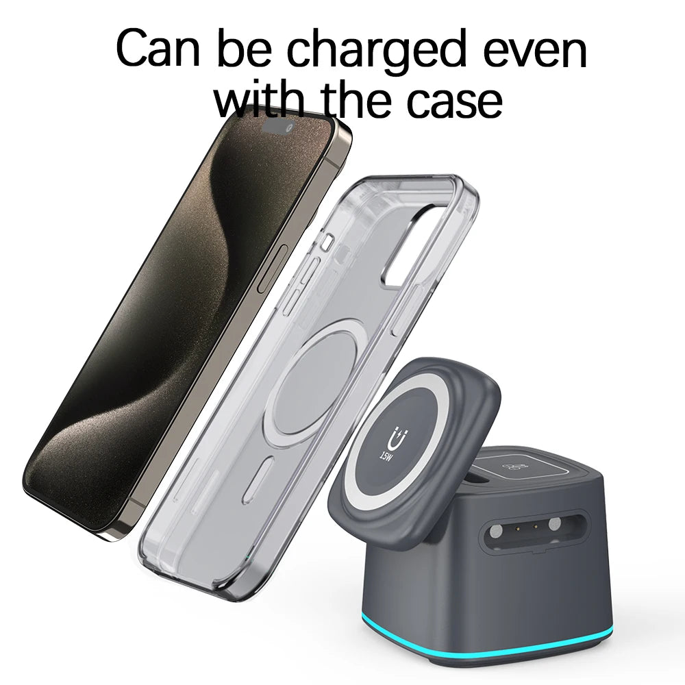 2025 Magnetic Mini Cube Wireless Charging Dock New Trending Products 3 in 1 15W Fast Wireless Charger for iPhone Watch Earbuds