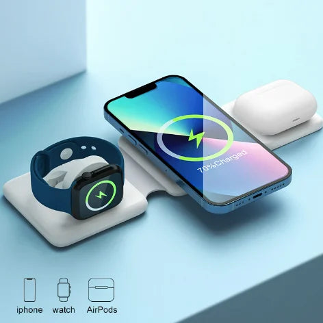 3-in-1 Magnetic Wireless Charger for iPhone 15 14 13 12 Watch with 15W Fast Charging Foldable Stand Wood Dock Station