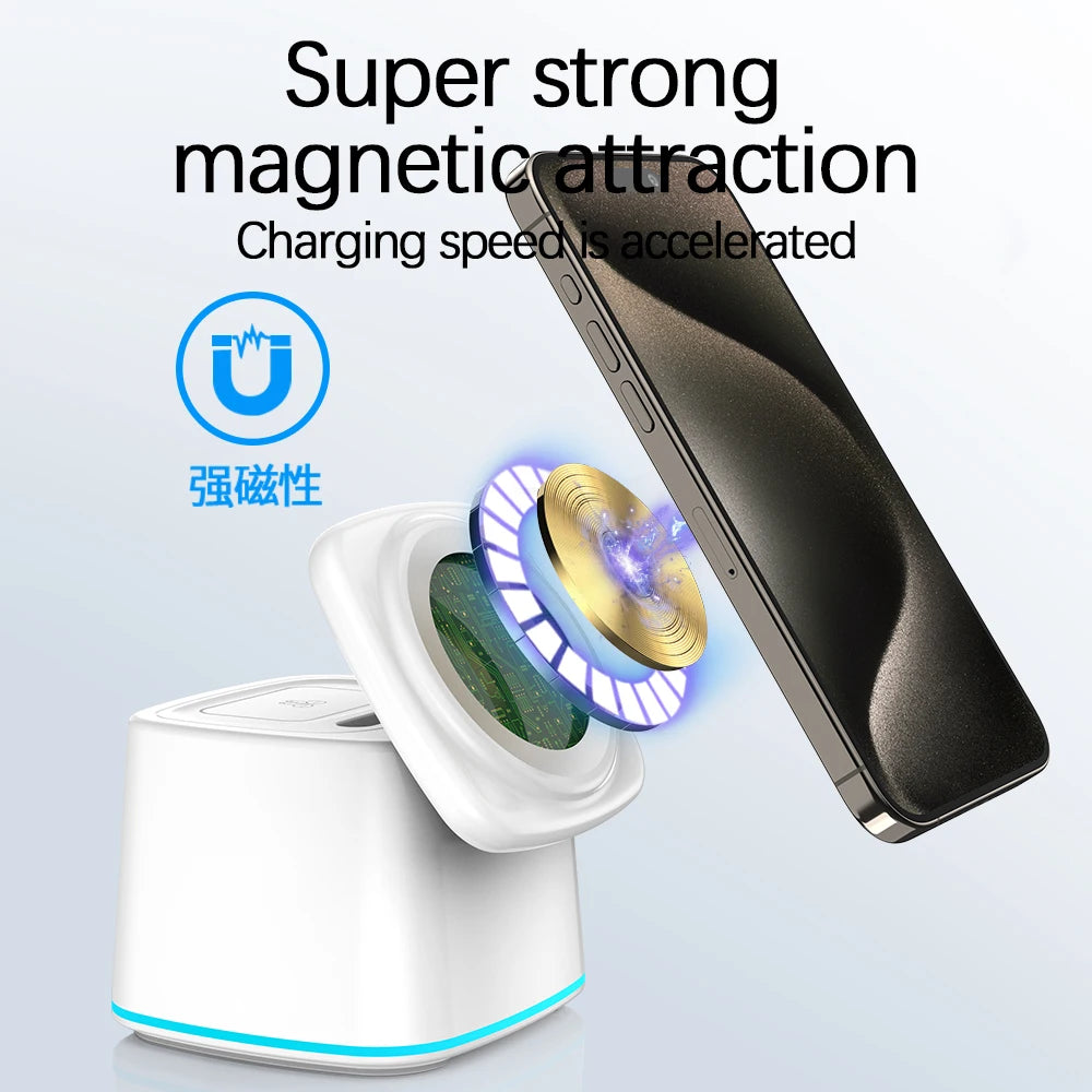 2025 Magnetic Mini Cube Wireless Charging Dock New Trending Products 3 in 1 15W Fast Wireless Charger for iPhone Watch Earbuds