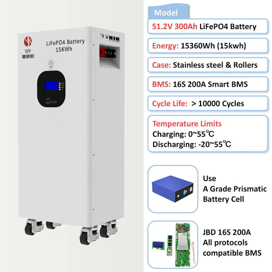 10000 Cycles 15kWh LiFePO4 48V 51.2V 300Ah Solar Home Battery 16S 200A BMS Portable Wheeled RS485 CAN