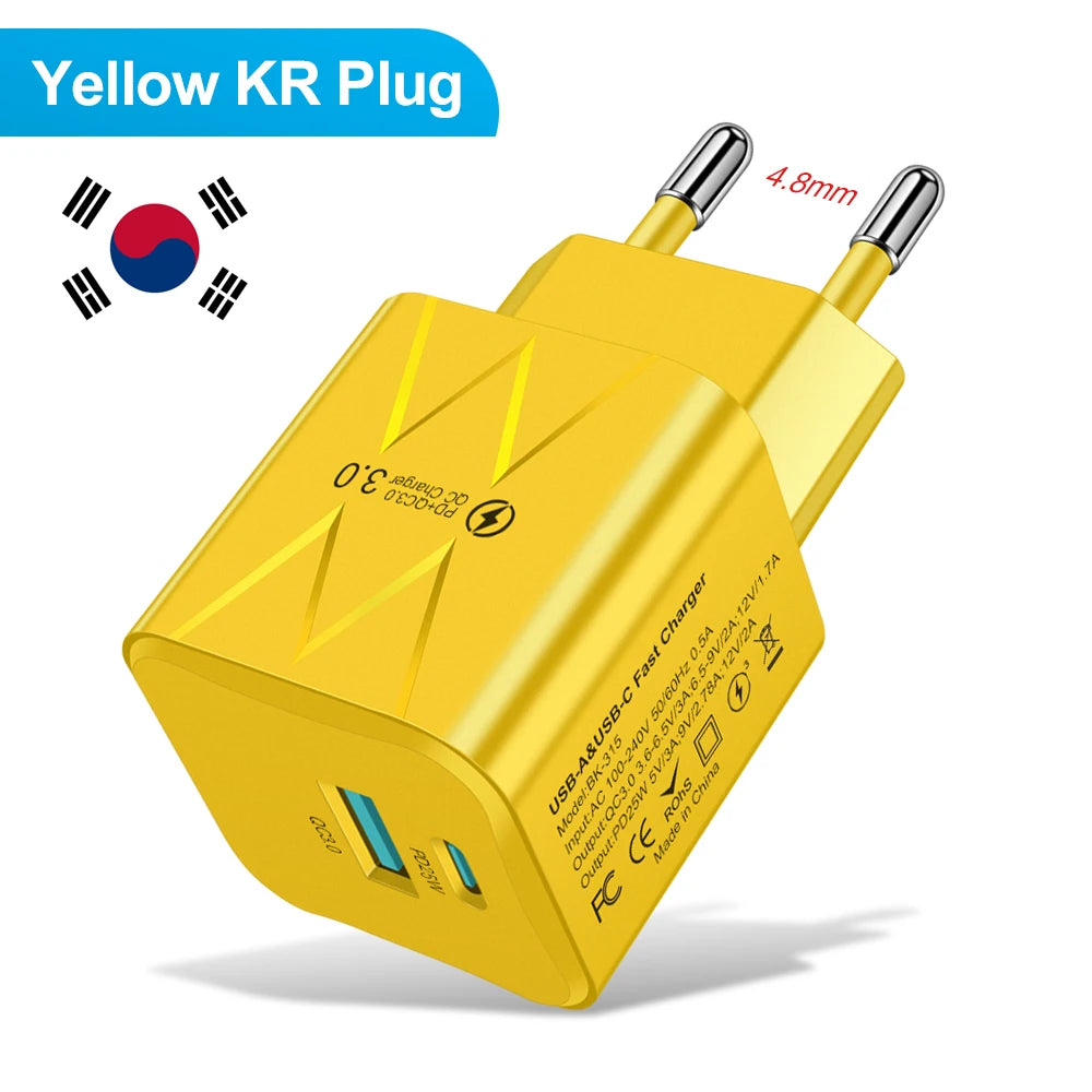 PD 25W USB C Fast Charger for iPhone 15 Pro Max Xiaomi 14 Oneplus KR EU US Mini 2 Ports Travel Plug Phone Fast Charging Adapter
