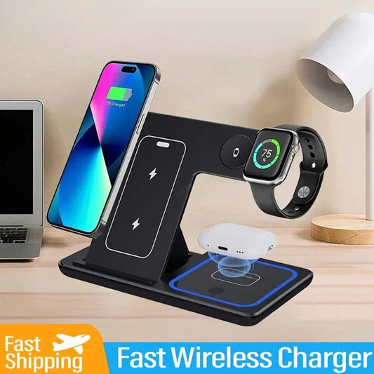 3 in 1 LED Foldable Wireless Charger 30W Wireless Charger Stand For iPhone 16 15 Pro Max iWatch 8 7 Airpods Charge Dock Station