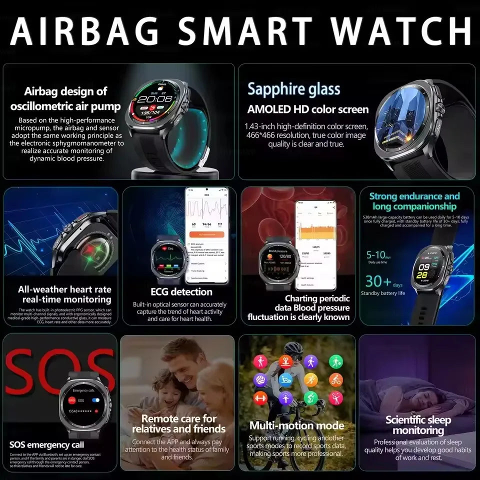2025 New Guhuavm Air Pump Airbag Accurate Measure Smart Watch Men Micro Physical Examination Blood Pressure Sport SmartWatches